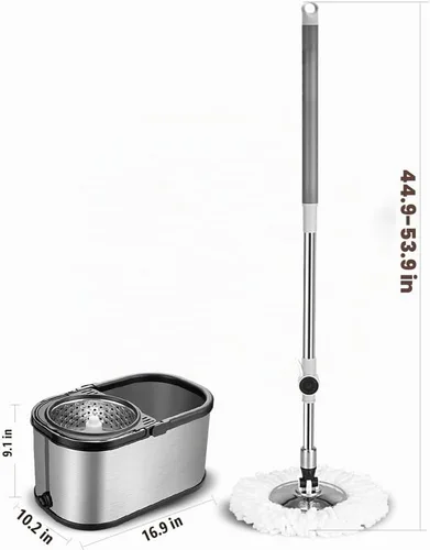 Vista 2 de Sistema de cubo de trapeador giratorio de acero inoxidable con 6 recambios de cabezal de repuesto de microfibra, trapeador de piso con 4 ruedas