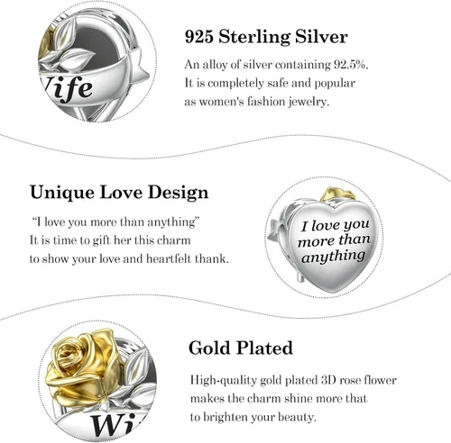 Vista 5 de JIAYIQI Pulsera Pandora para mamá, abuela, hija, esposa, amiga y hermana, con dije de oro de rosa 3D, dije de amor, día de San Valentín, cumpleaños