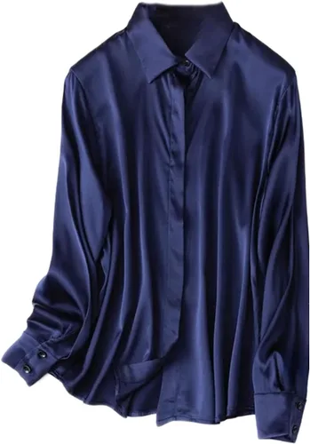 Vista 15 de Women's Satin Silk Buttons Down Long Sleeve Solid Dress Shirts Top Soft Blouse Collar Office Work