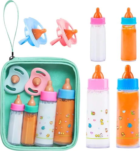 Vista 11 de SCOM Accesorios para biberones de muñeca de bebé, 6 piezas, juguetes de biberón, leche mágica que desaparece y jugo, juego de simulación