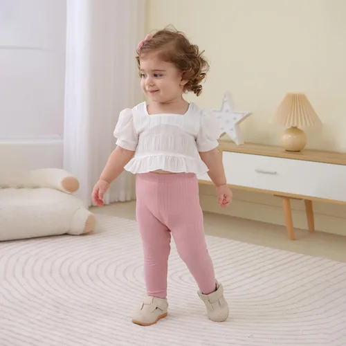 Vista 2 de Paquete de 5 pantalones de bebé para niña, pantalones acanalados con volantes acampanados, leggings para bebé, pantalones acampanados para niña