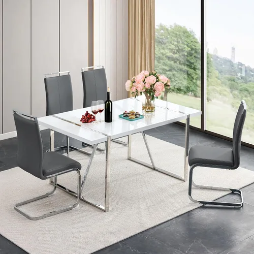 Vista 14 de Juego de mesa de comedor para 4, juego de mesa de cocina moderno con 4 patas de metal tapizadas, juego de mesa de comedor blanco para 4 personas