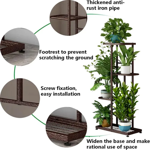 Vista 5 de LINZINAR Soporte de metal para plantas de 4 niveles y 5 macetas, estante múltiple para macetas para interiores y exteriores, unidad de estantería