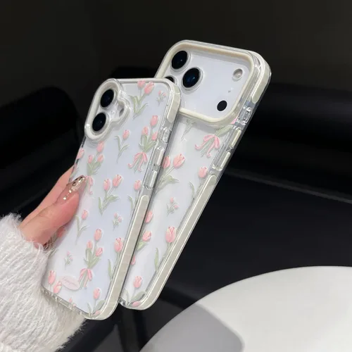Vista 3 de Funda para iPhone 13, color blanco Funda para teléfono con diseño floral de tulipanes rosados para iPhone