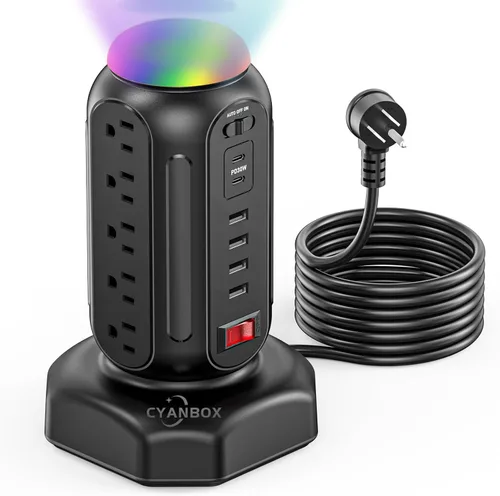 Vista 8 de Torre de regleta de múltiples salidas con luz nocturna colorida, 15 salidas de CA y 6 puertos USB en ayuno, cable de extensión de 6.5 pies