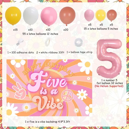 Vista 6 de Cheereveal Five is a Vibe - Decoraciones de fiesta de cumpleaños, Groovy Kit de guirnalda de arco de globos de 5º cumpleaños – Globo de aluminio