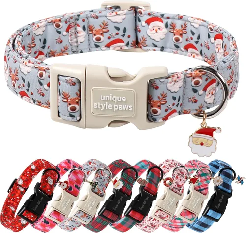 Vista 20 de Collar de perro de Navidad de Unique Style Paws con hebilla de plástico y colgante, a cuadros rojo y negro, collares de algodón para cachorros