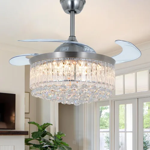 Vista 8 de Ventilador de techo de cristal de 42 pulgadas con luz y control remoto, ventilador de techo de lujo de oro rosa con aspas retráctiles, ventilador