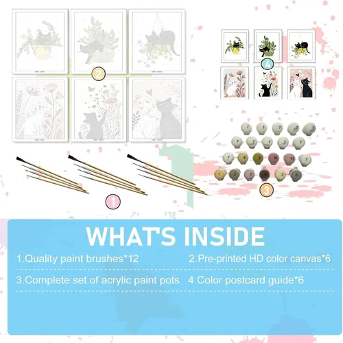 Vista 5 de Jethami Paquete de 6 pinturas por números para adultos principiantes, fácil de pintar con gato negro, kit de arte de lienzo para decoración de pared