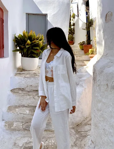 Vista 5 de Zeagoo Traje de lino para mujer, conjunto de dos piezas, camisa y pantalones de lino para verano