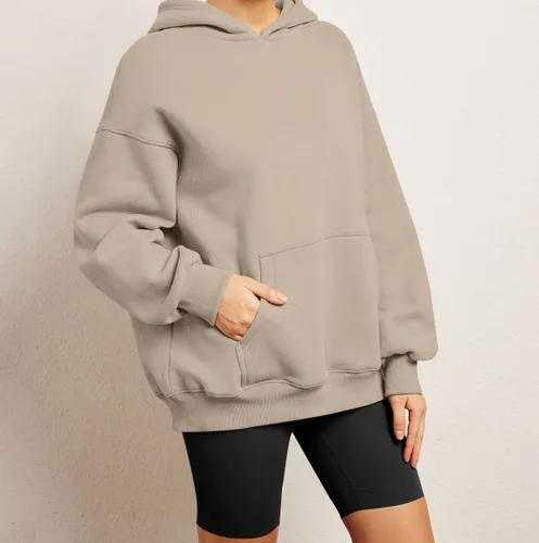 Vista 3 de Sudadera casual con capucha para mujer, de gran tamaño, manga larga, con bolsillos, color liso