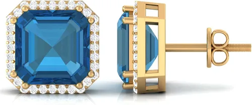 Vista 14 de Pendientes de tuerca con topacio azul Londres de corte Asscher certificados con halo de diamantes 6.50 Cttw Calidad AAA
