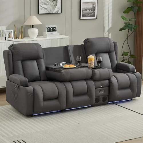 Vista 32 de TUNYI Wall Hugger - Sofá reclinable con consola, sofá biplaza reclinable eléctrico para autocaravana con masaje y Beige