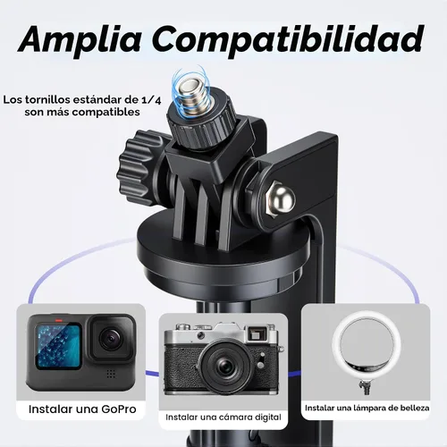Vista 2 de Trípode magnético para teléfono, soporte de teléfono de apertura automática de 76 pulgadas con anillo de metal y control remoto recargable, palo