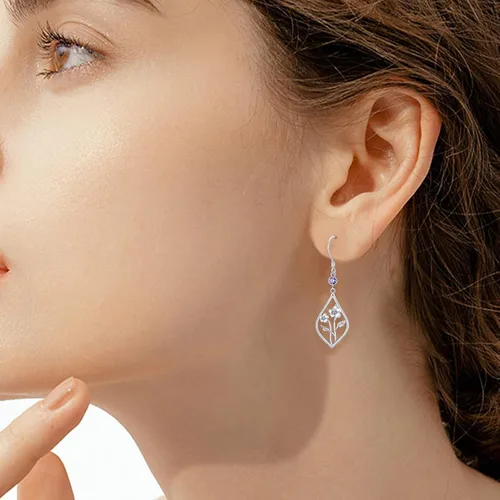 Vista 3 de Aretes de flor de nacimiento de plata de ley, aretes de gota de flor de mes de piedra natal, regalos de joyería de cumpleaños