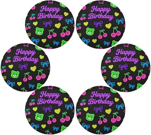 Vista 3 de Manteles individuales redondos de color negro a granel con oso de feliz cumpleaños para niños de 15 x 15 pulgadas individuales para mesa de comedor