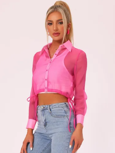 Vista 3 de Allegra K Chaqueta de malla transparente para mujer, manga larga, dobladillo con cordón y botones, recortada