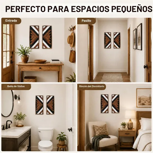 Vista 6 de 2 piezas de decoración de pared azteca con marco de madera, arte de pared occidental de madera de 20.9 x 9.8 pulgadas, decoración rústica del hogar
