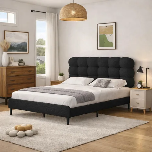 Vista 11 de Base de cama individual BarnFurin con cabecera tapizada, tela suave tipo bouclé, cama plataforma con fuerte soporte de listones de madera, diseño