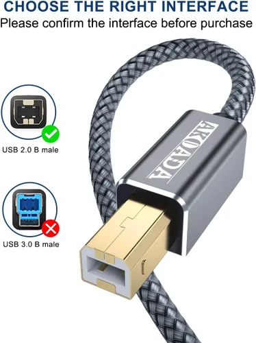 Vista 2 de AkoaDa Cable de impresora USB 2.0 tipo A macho a B macho de alta velocidad compatible con HP, Canon, Dell, Epson, Lexmark, Xerox, Samung y más