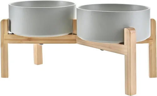 Vista 27 de SPUNKYJUNKY Cuencos elevados de cerámica para perros, 5.1 pulgadas, para comida de perros y gatos, cuencos elevados con soporte de bambú Verde oscuro