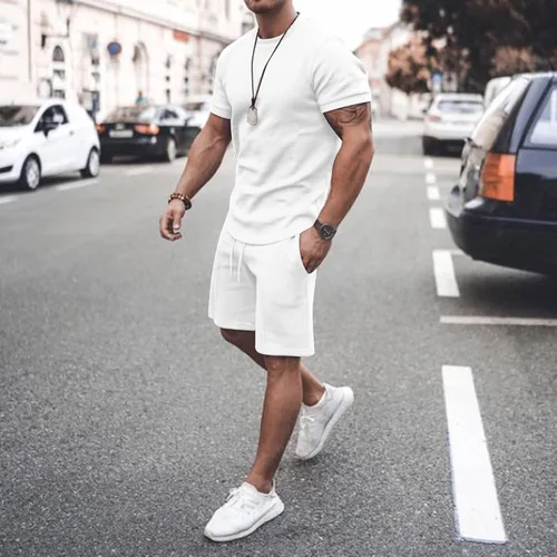 Vista 2 de Conjunto de 2 piezas de verano para hombre 2023, camisas de manga corta y pantalones cortos deportivos, conjunto deportivo