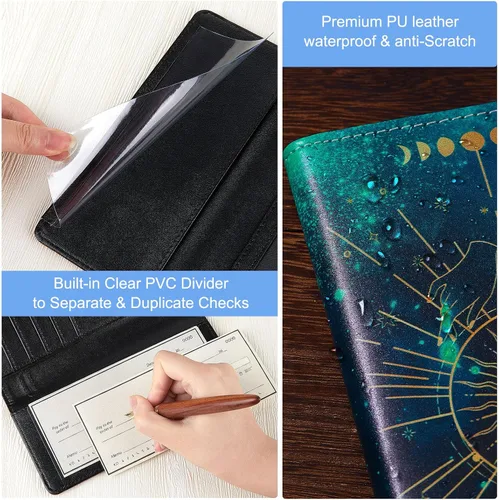 Vista 4 de Funda para chequera personal, cartera RFID con soporte para bolígrafo y divisor de plástico transparente integrado para cheques duplicados, Cielo