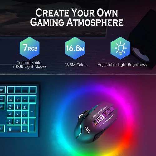Vista 4 de UHURU Mouse inalámbrico para juegos, con cable e inalámbrico, doble modos, recargable RGB con 7 botones programables, ergonómico y 5 niveles de DPI