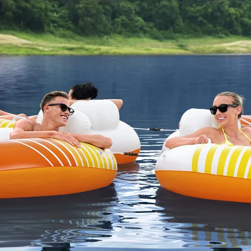Vista 8 de Bestway 43399E Hydro-Force Sunkissed Pool, Lake, River, Beach Inflatable PVC Clasp N Go Inner Tube Ring Float with Cup Holder, Orange and Yellow