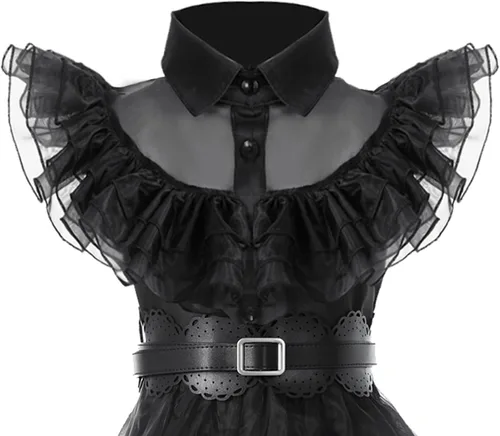 Vista 3 de Moiegouct Wednesday Addams - Disfraz negro de Addams, vestido de noche para Halloween, cosplay, fiesta con cinturones, calcetines para niñas