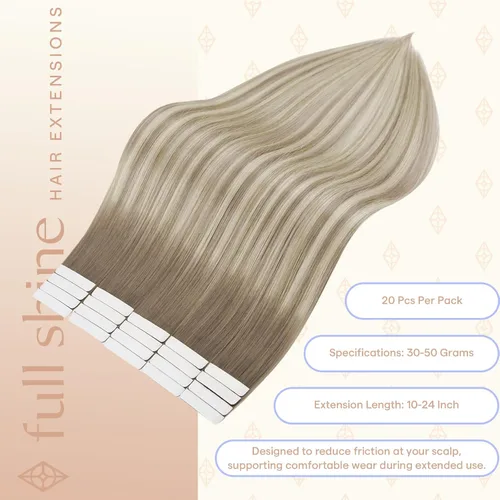 Vista 75 de Full Shine - Extensiones de cabello humano con cinta, mezcla de rubio hongo # 8 castaño ceniza resaltado 60 rubio ceniza