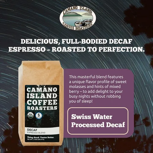 Vista 2 de Camano Island Coffee Roasters Mezcla de espresso descafeinado, grano entero de 12 onzas, tostado oscuro fresco de agua suiza procesada, orgánico