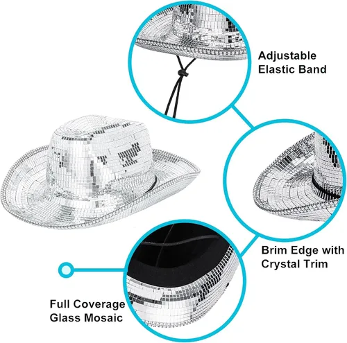 Vista 3 de Sombrero de vaquero de bola de disco para hombres y mujeres, con purpurina brillante, color plateado, sombrero de vaquera con espejo