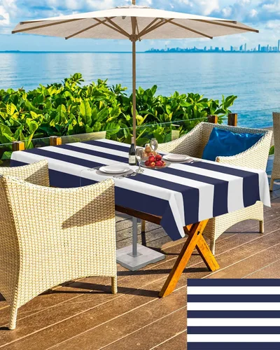 Vista 5 de Mantel rectangular para exteriores de 52 x 70 pulgadas, color azul marino y blanco, a rayas con agujero para paraguas, mantel con cremallera