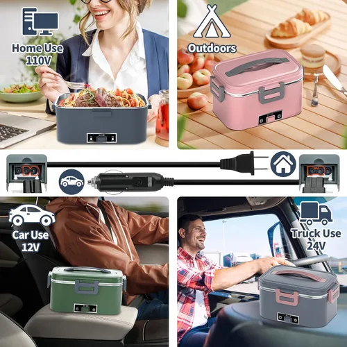 Vista 6 de Lonchera eléctrica térmica para adultos con 2 envases de 1.8L, interruptor de encendido/apagado de alimentación y 0.6L de doble capa, calentador