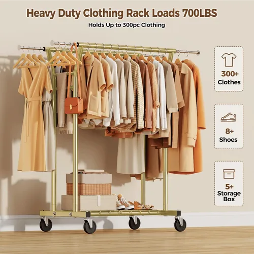 Vista 2 de HYSEYY Heavy Duty Clothes Rack, Rolling Clothing Rack for Hanging Clothes with Shelves Load 700LBS,Portable Garment Wardrobe Closet Rack with Wheels
