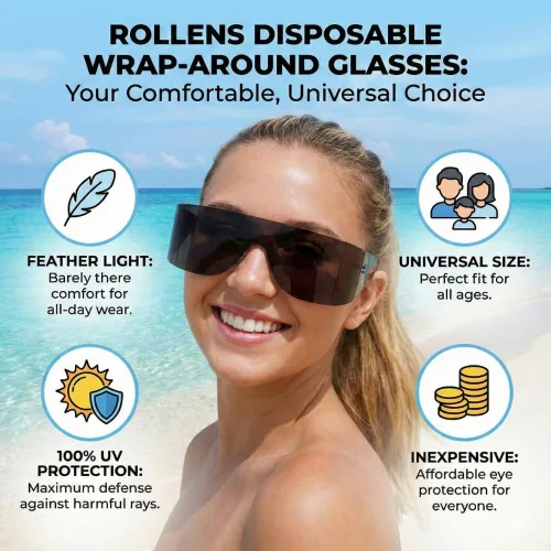 Vista 5 de Lentes de sol enrollables con 100% protección UV, desechables, envolventes (8 unidades) – Fabricado en los Estados Unidos