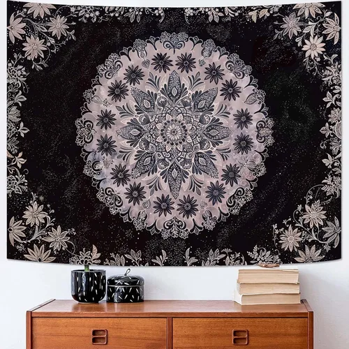 Vista 31 de Fowocu Tapiz bohemio con mandala floral para colgar en la pared, medallón de flores bohemias, tapiz estético, beige, naranja, hippie, indio, pequeño