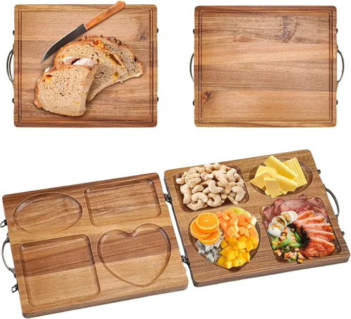 Vista 9 de Double Side Acacia Wood Serving Tray, Serving Platters and Trays, Charcuterie Boards Wooden Tray with Vintage Metal Handles, Wooden Cutting Boards