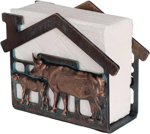Vista 7 de Servilletero de metal de vaca y ternero para mesa, mini servilleteros de granja para servilletas de papel, rústico, servilletas de cobre antiguo
