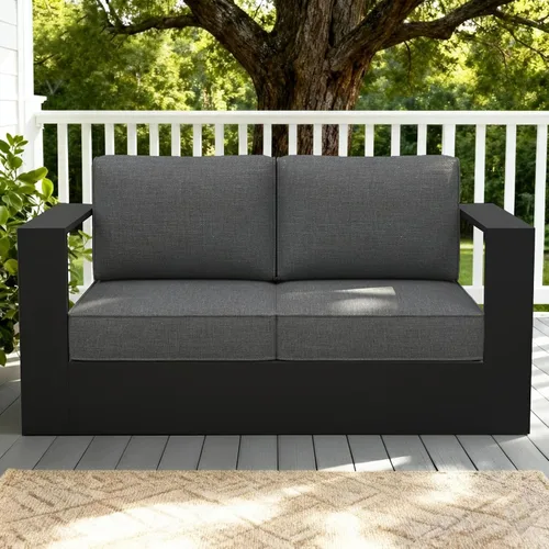 Vista 32 de LayinSun - Juego de muebles de exterior de aluminio de gran tamaño de 5 piezas con mesa auxiliar Negro/Gris oscuro