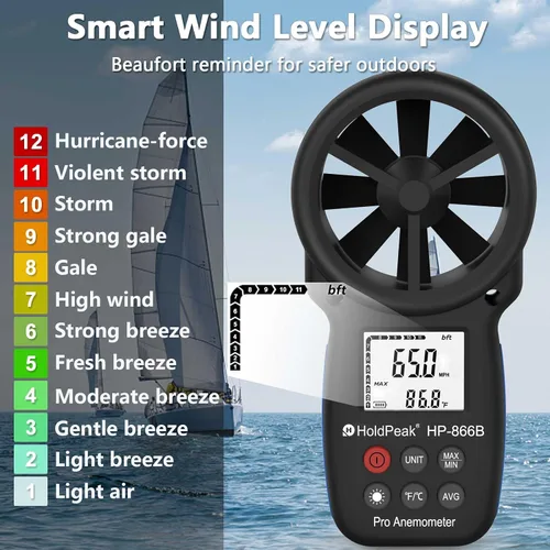 Vista 8 de HoldPeak 866B Anemómetro Digital Portátil Medidor de Velocidad del Viento para Medir Velocidad del Viento, Temperatura y Sensación Térmica