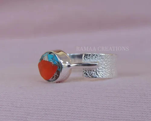Vista 3 de Spiny Oyster Copper Turquoise Ring Handmade Round Turquoise Silver Ring Statement Handmade Jewelry Sterling Silver 925