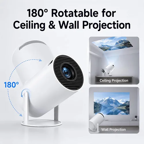 Vista 3 de Mini proyector HY300 Pro, proyector portátil Android 13 con WiFi y Bluetooth, compatible con video 4K, Keystone automático, rotación de 180°