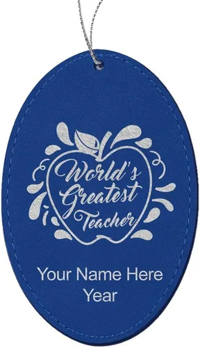 Vista 7 de LaserGram Personalized Christmas Ornament, World's Greatest Teacher, Faux Leather, Custom Laser Engraved Gift Idea (Oval Shape, Black with Gold)