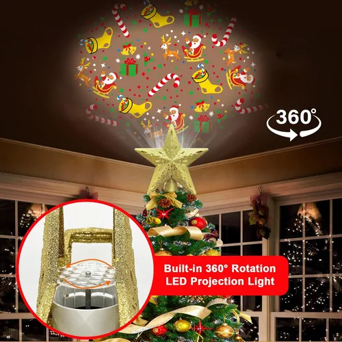 Vista 3 de Estrella para la punta del árbol de Navidad de 10 pulgadas iluminada con 6 modos de proyección, estrella iluminada para la punta del árbol