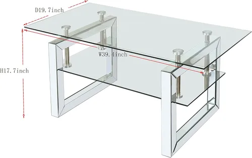 Vista 2 de Mesa auxiliar rectangular de vidrio con patas de tubo de metal plateado, mesa de centro de vidrio templado, mesas auxiliares modernas para sala