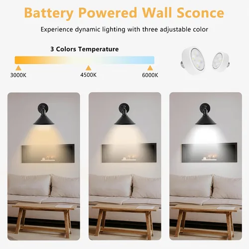 Vista 5 de Juego de 2 apliques de pared inalámbricos vintage negros a pilas, luces LED inalámbricas con control remoto, para dormitorio, casa de campo