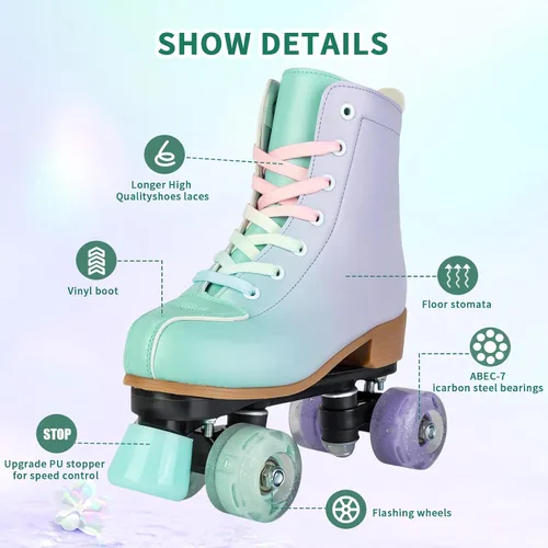 Vista 2 de jessie Roller Skates Women, PU Leather Flash Women Roller Skates, Fantasy Adjustable Purple Green Four-Wheel Beginner Adult Roller Skates Girl