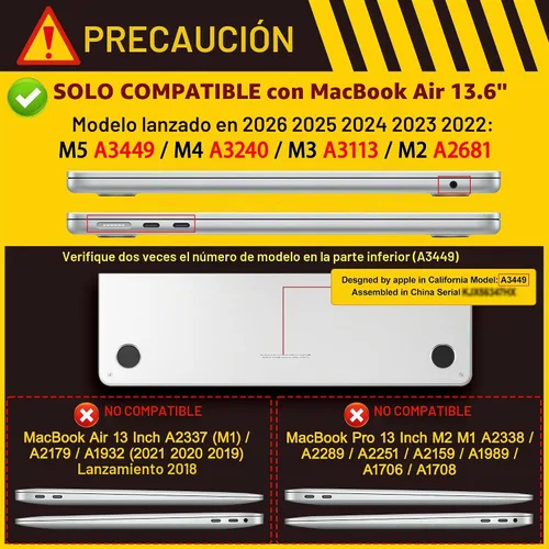 Vista 2 de Mektron Funda para MacBook Air 2025 M4 de 13.6 pulgadas A3240 Compatible con 2023 A2681 M2 2024 A3113 M3 Chip con Liquid Retina Display Touch ID